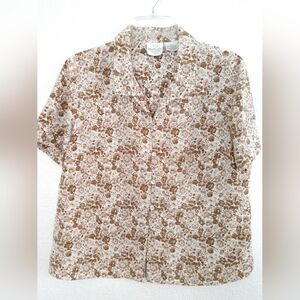 Pretty Bentley Brown Floral Shirt Blouse Short Sleeve Size Large, Chest 40"